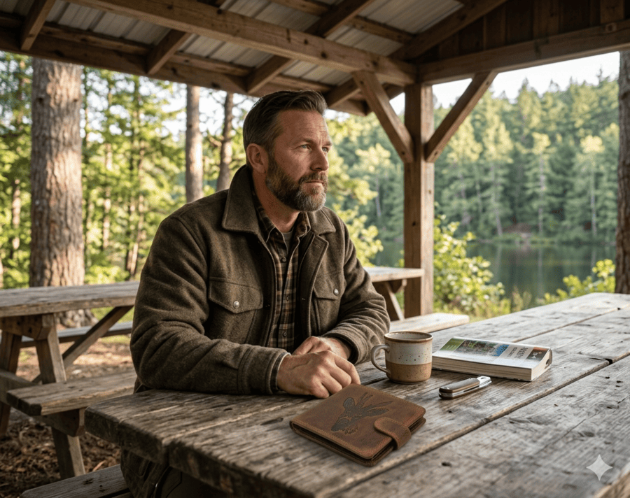 muž sedí pod prístreškom - detail peňaženka mk